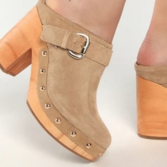 Steve Madden NWOT SZ 10 Hilde Tan Suede Leather Wood Heeled Clog 70's Boho Retro - Picture 3 of 11
